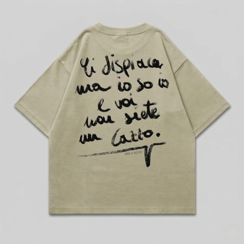Beige t-shirt with handwritten Italian text and "ONDRE AL MAESTRO" graphic.