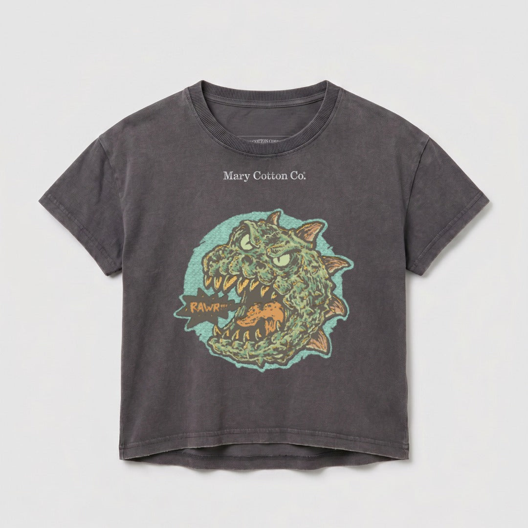Dark grey t-shirt with distressed graphic of a green monster roaring.