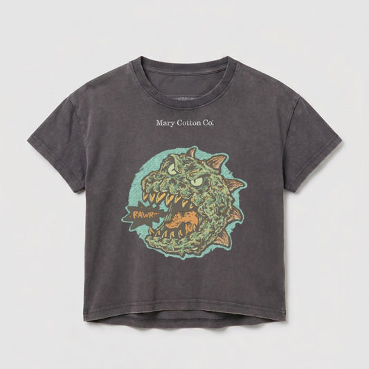 Dark grey t-shirt with distressed graphic of a green monster roaring.