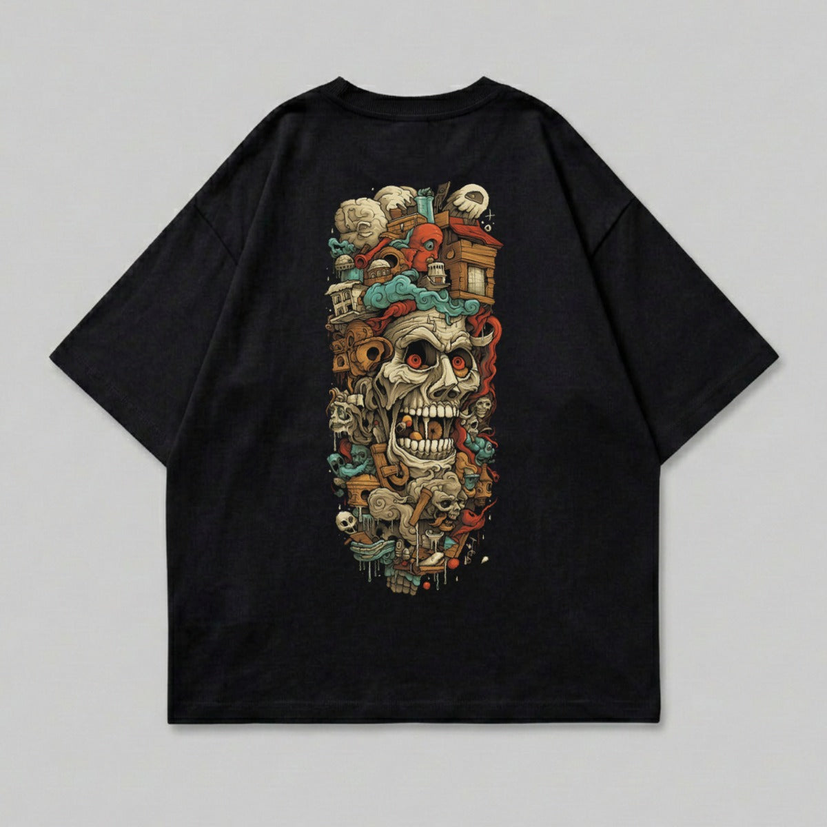 Vibrant Skull Octopus Buildings Surreal Design Black Tee product type
Skull, Octopus, Surreal, Gothic, Horror, Psychedelic, Graphic Tee, T-Shirt, Black Shirt, Monster Art, Fantasy Style, Streetwear, Unique Design, Back Print, Creative Art, Dark Aesthetic, Intricate Detail, Urban Fashion, Oversized Fit, Pop Art Skull