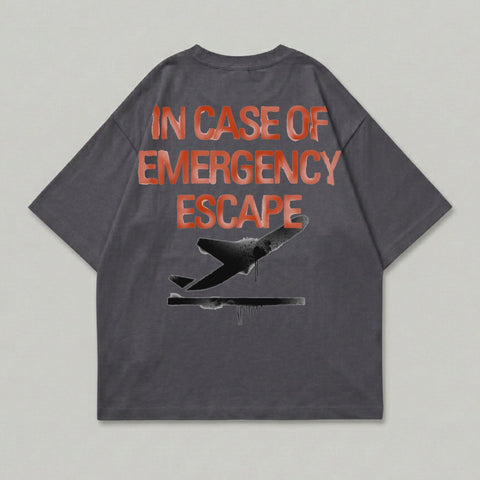 Dark gray t-shirt with "IN CASE OF EMERGENCY ESCAPE" and airplane graphic.