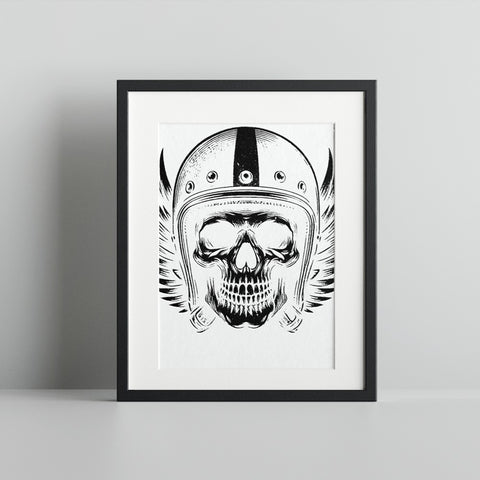 Skull with Helmet and Wings Art Print for Wall Decor