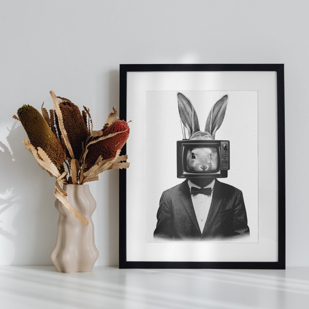 Retro TV Bunny Art Print in Stylish Black Frame