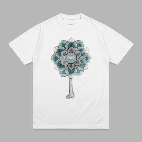 White t-shirt with a teal and gray floral key design.