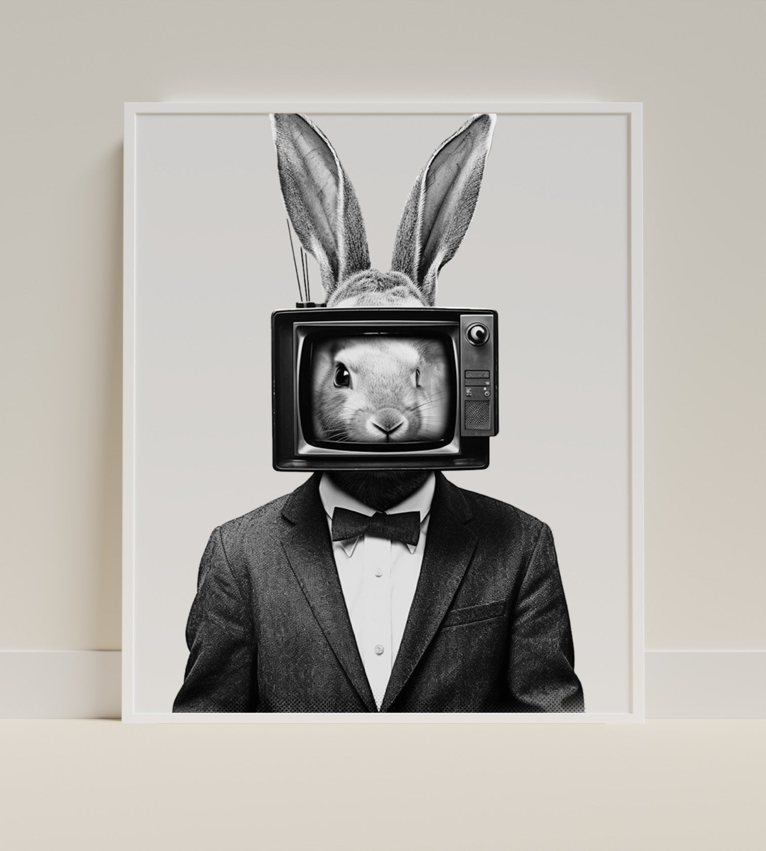 Vintage TV Head Rabbit in Suit Black and White Wall Art