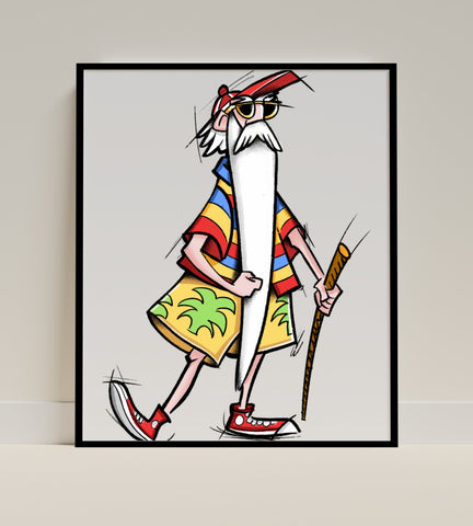 Cartoon Elderly Man With Cane Colorful Art Print