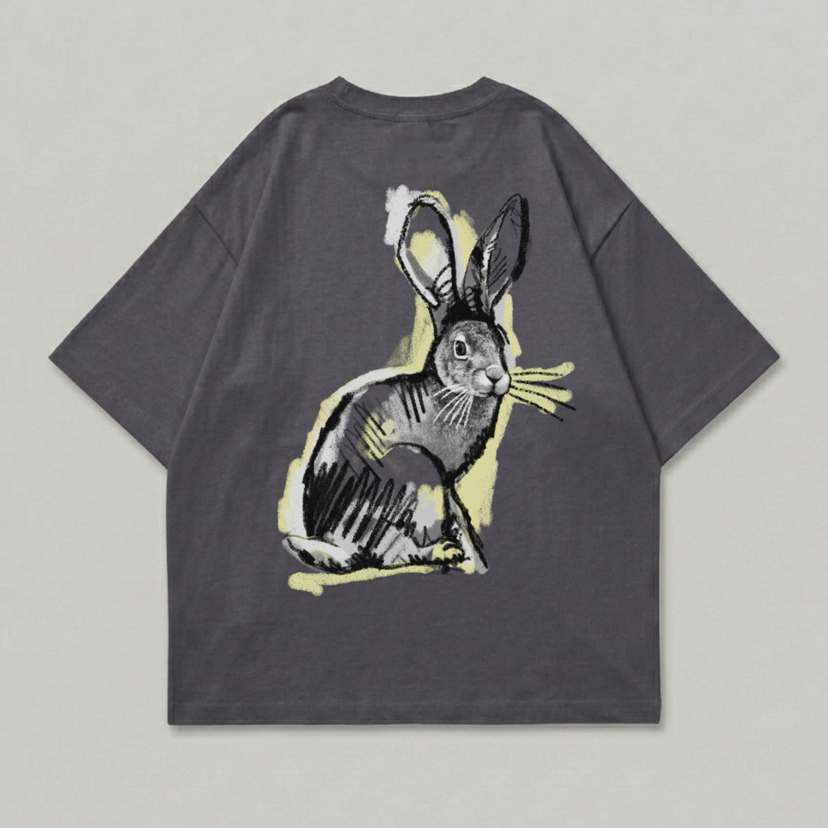 Charcoal t-shirt with sketch of a rabbit in yellow and gray.