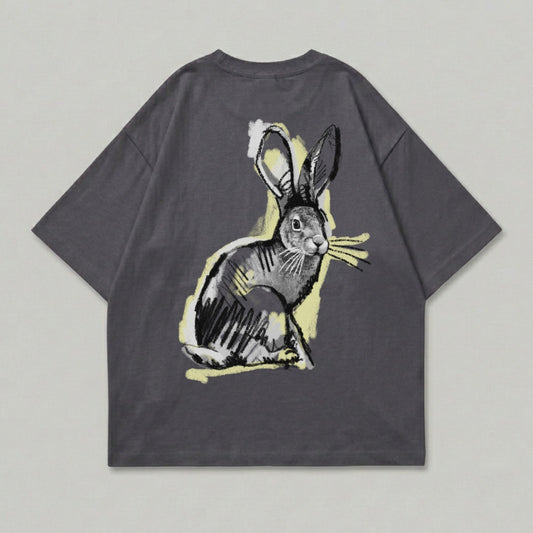 Charcoal t-shirt with sketch of a rabbit in yellow and gray.