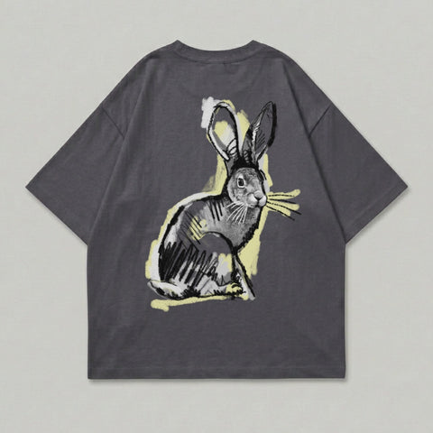 Charcoal t-shirt with sketch of a rabbit in yellow and gray.