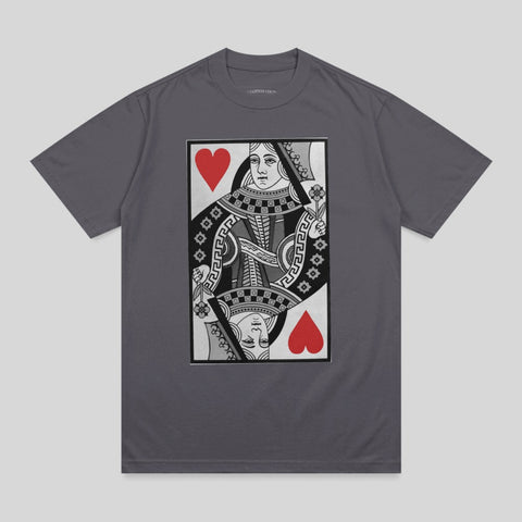 Queen of Hearts playing card design on a dark grey t-shirt.