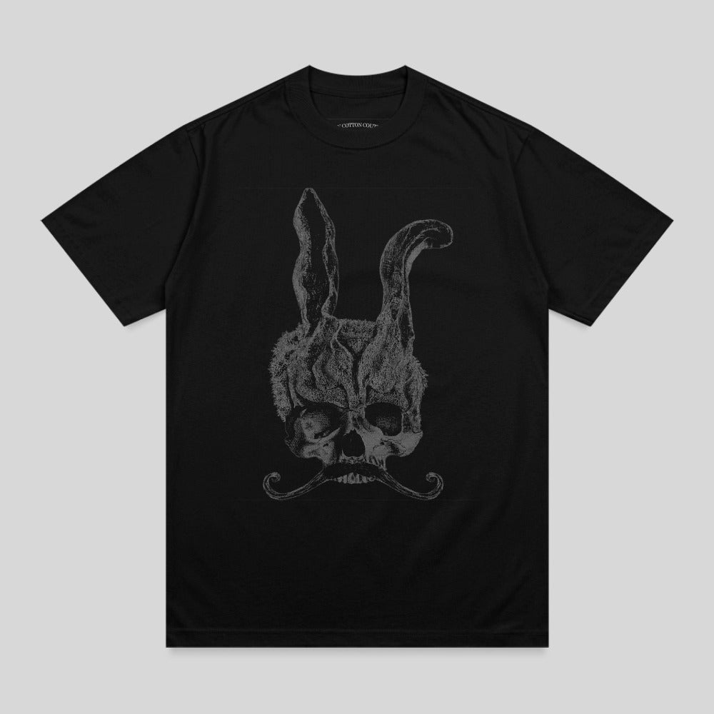 Black t-shirt with a skull wearing bunny ears and a mustache graphic.