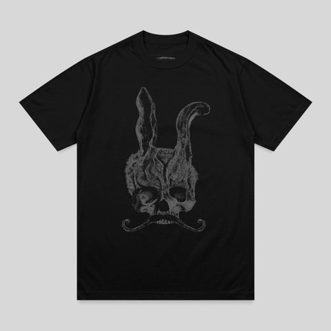 Black t-shirt with a skull wearing bunny ears and a mustache graphic.