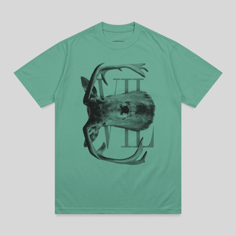 Teal t-shirt with abstract stag head and "VIII" text graphic.