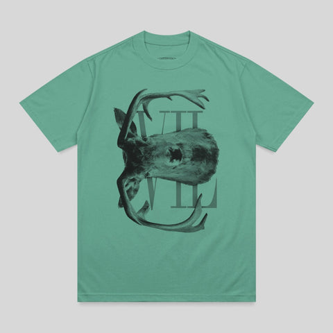 Teal t-shirt with abstract stag head and "VIII" text graphic.