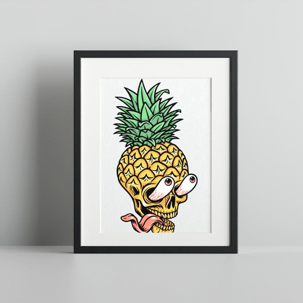 Quirky Pineapple Skull with Green Spiky Leaves Art Print
