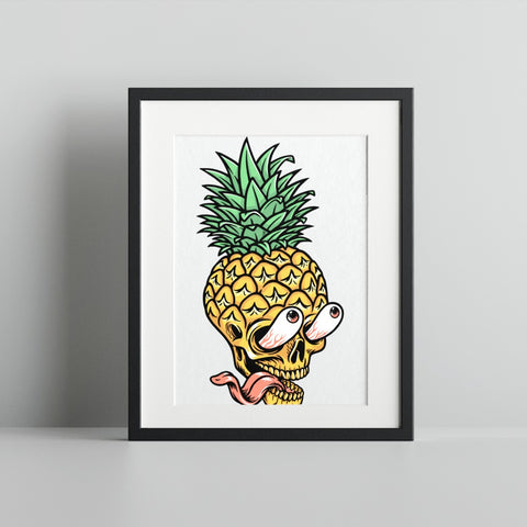 Quirky Pineapple Skull with Green Spiky Leaves Art Print