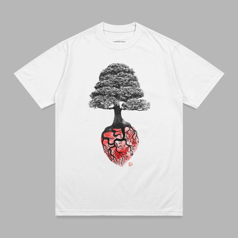 White t-shirt with a black and red illustration of a tree growing from a heart.