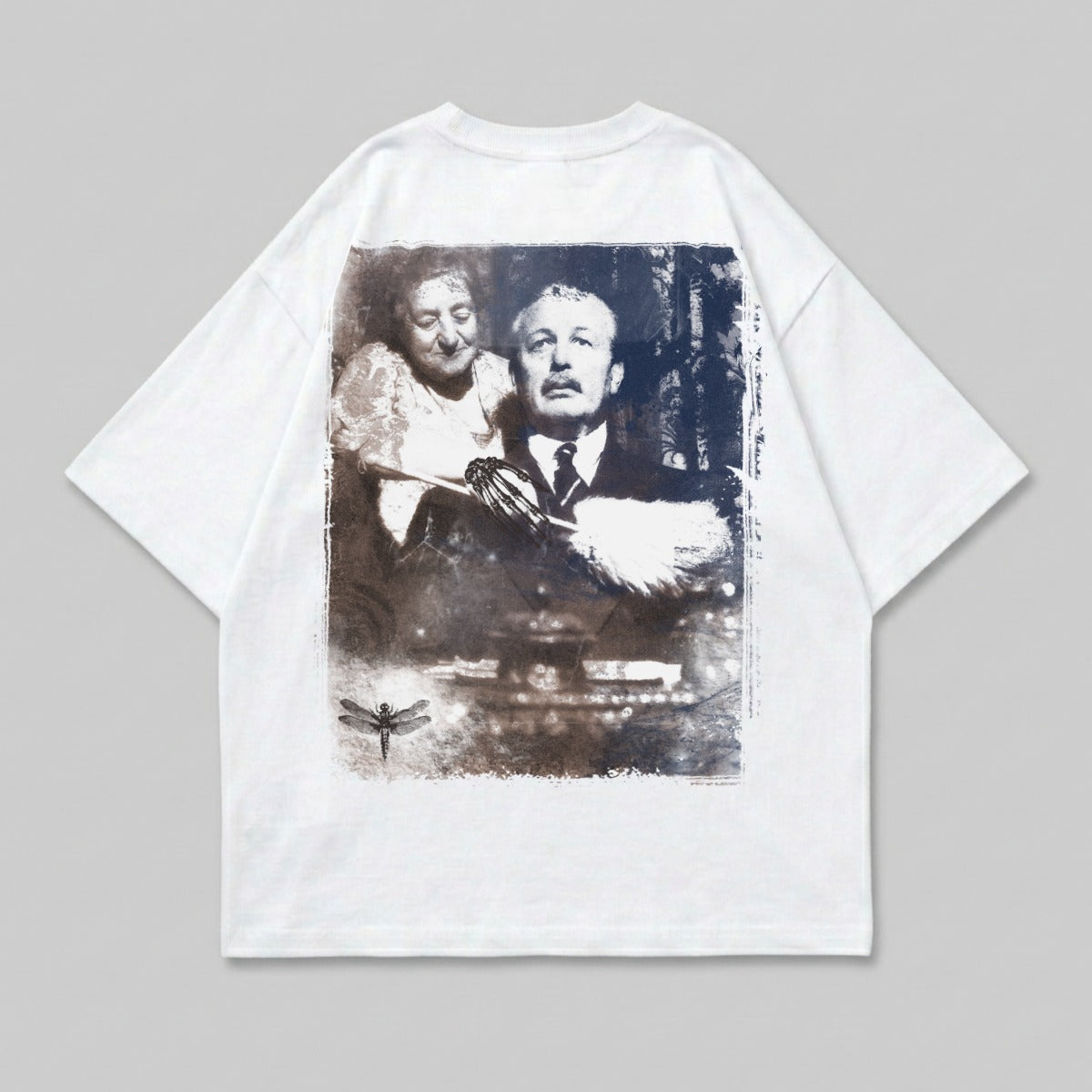 T-shirt with sepia-toned portrait of a couple and a dragonfly.