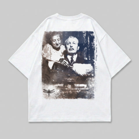 T-shirt with sepia-toned portrait of a couple and a dragonfly.