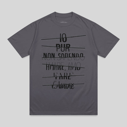 Dark grey t-shirt with black text "100 PUR NON SAPENDO AMARE AMO L'Amore".