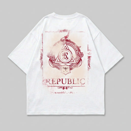 White t-shirt with distressed Republic logo and text on back.