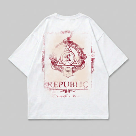 White t-shirt with distressed Republic logo and text on back.
