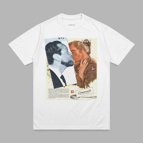 T-shirt with vintage image of two men kissing, text "Community" and "First Place".