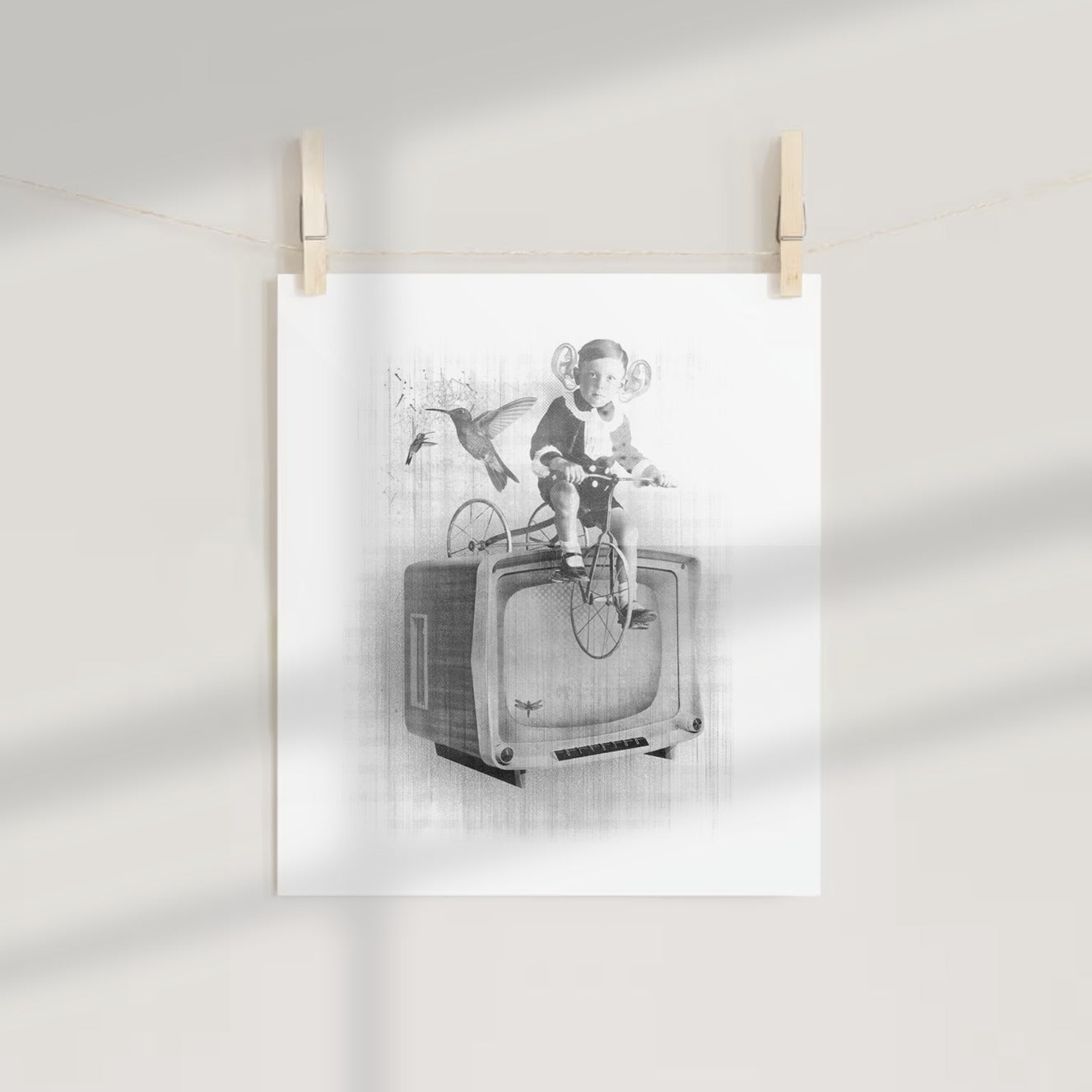 Whimsical Child on Tricycle with TV and Bird Print