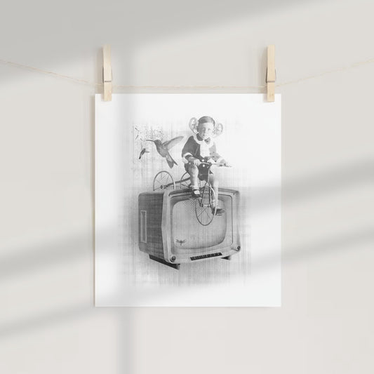 Whimsical Child on Tricycle with TV and Bird Print