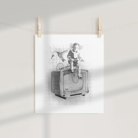 Whimsical Child on Tricycle with TV and Bird Print