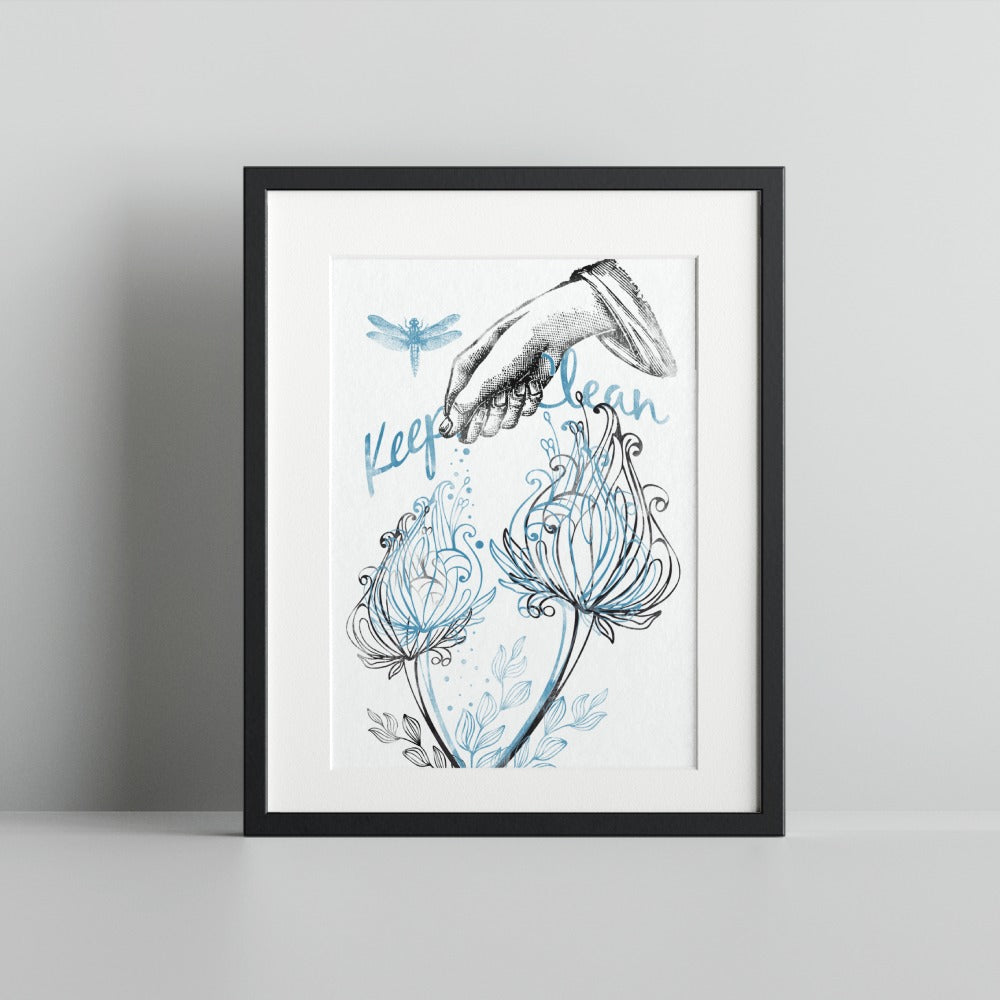 Keep Clean Floral Art with Dragonfly in Black Frame Print