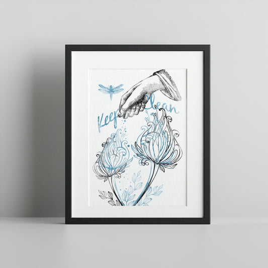 Keep Clean Floral Art with Dragonfly in Black Frame Print