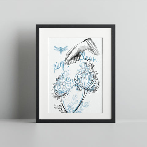 Keep Clean Floral Art with Dragonfly in Black Frame Print