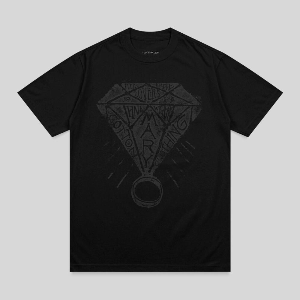 Black t-shirt with diamond logo featuring "Cotton Mary" text.