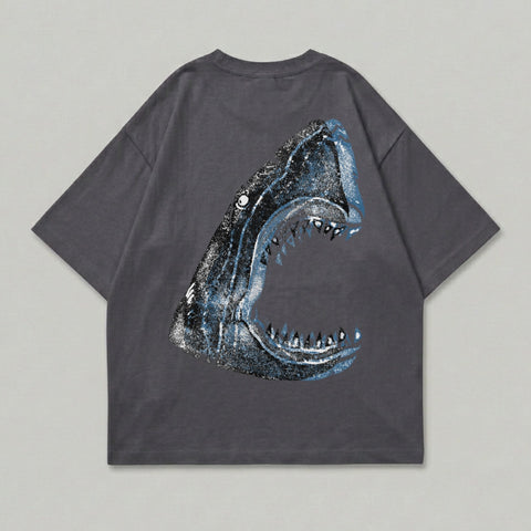 Dark gray t-shirt with a distressed shark mouth graphic on the back.