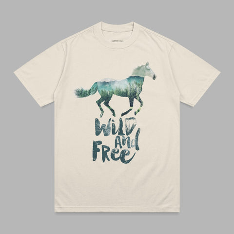 Cream t-shirt with "Wild And Free" text and a horse silhouetted against a forest landscape.
