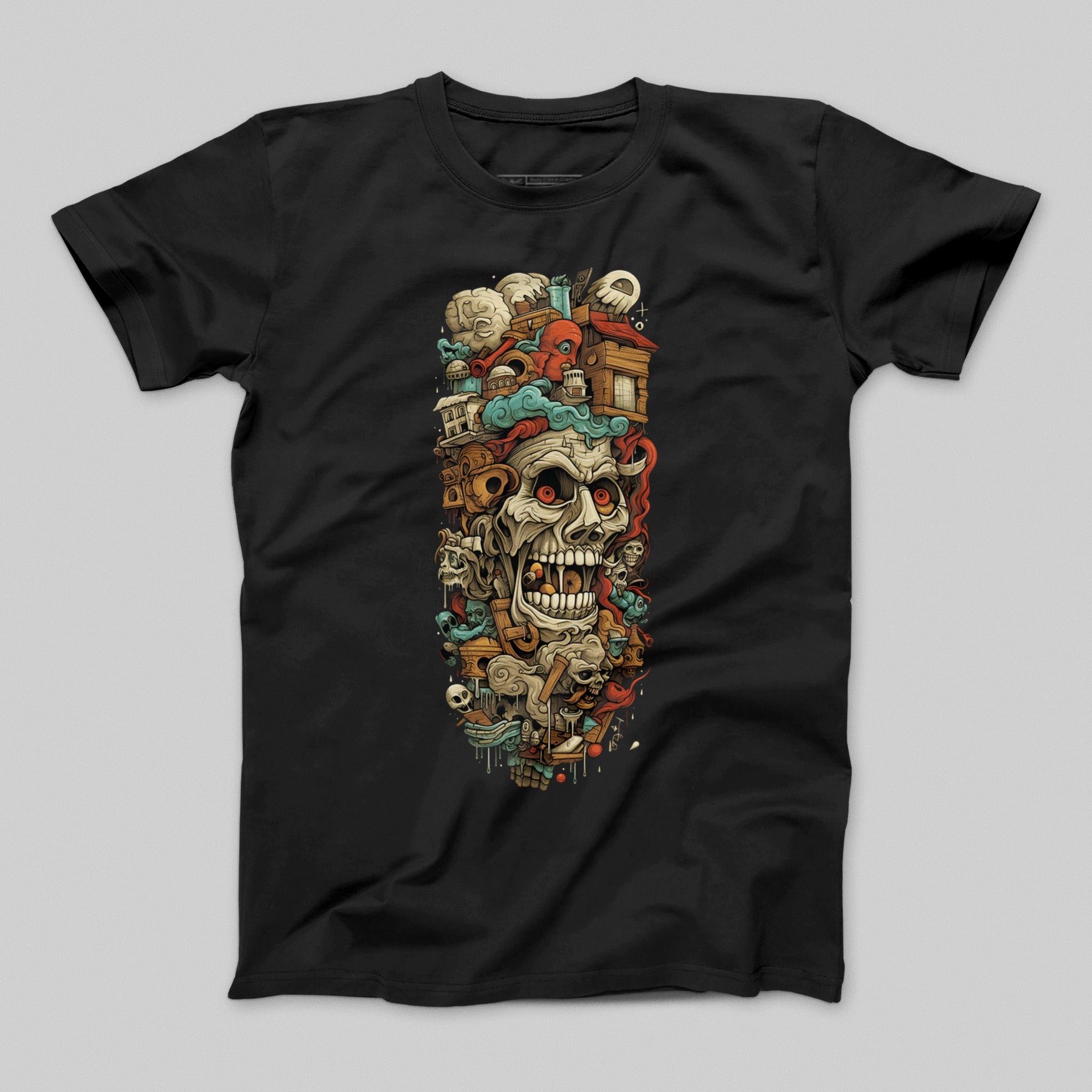 Intricate Skull Design with Haunted Scenery T-shirt