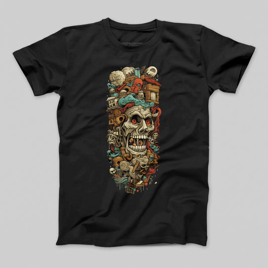 Intricate Skull Design with Haunted Scenery T-shirt