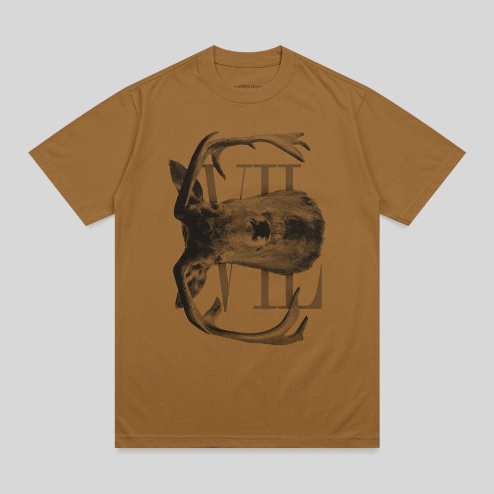 Brown t-shirt with a dark brown graphic of a deer's head and antlers.
