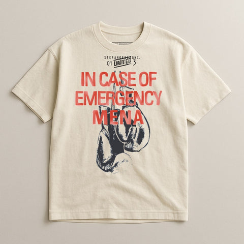 Cream t-shirt with "In Case of Emergency" and boxing glove graphic.