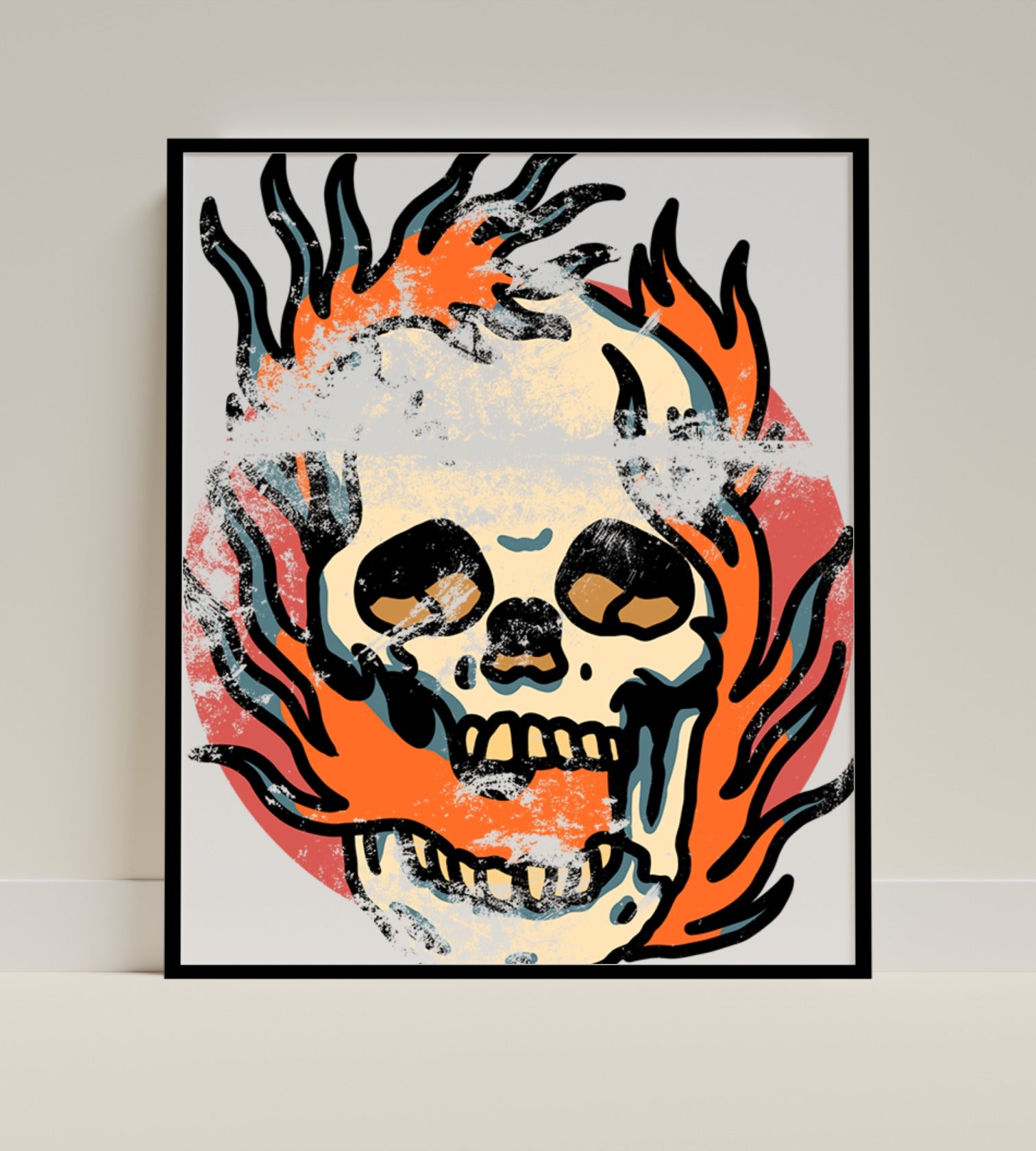 Vibrant Skull with Flames Wall Art Print Decor