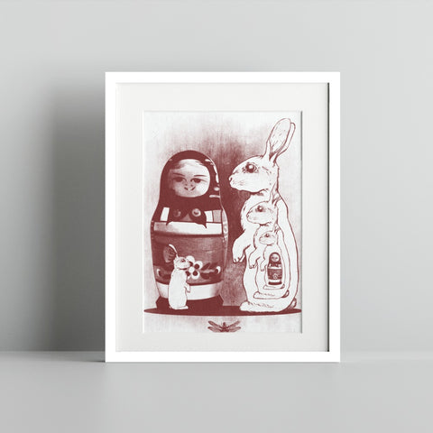 Russian Dolls and Rabbit Family Art Print