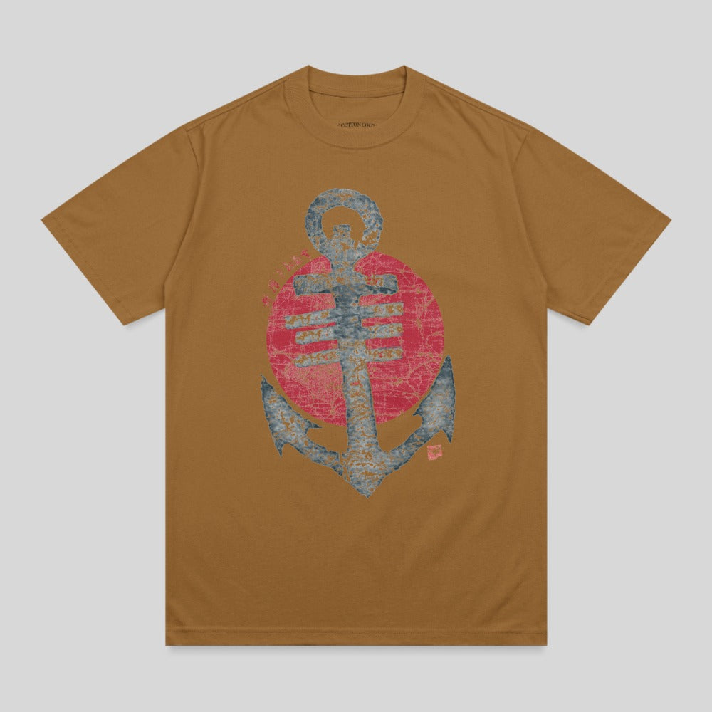 Brown t-shirt with distressed anchor graphic over a red circle.