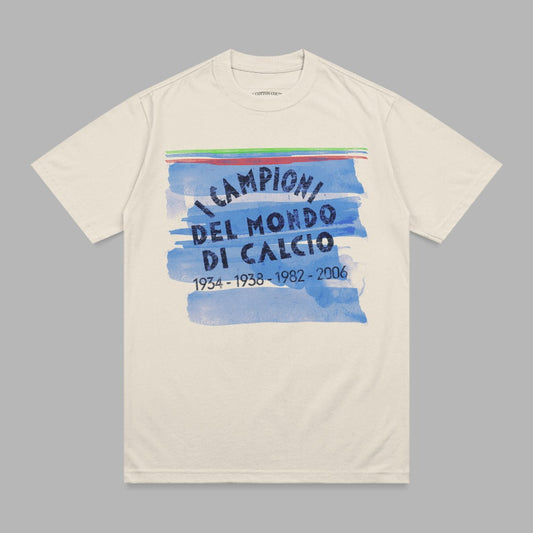 Cream t-shirt with "Campioni del Mondo" text and colorful brushstrokes.