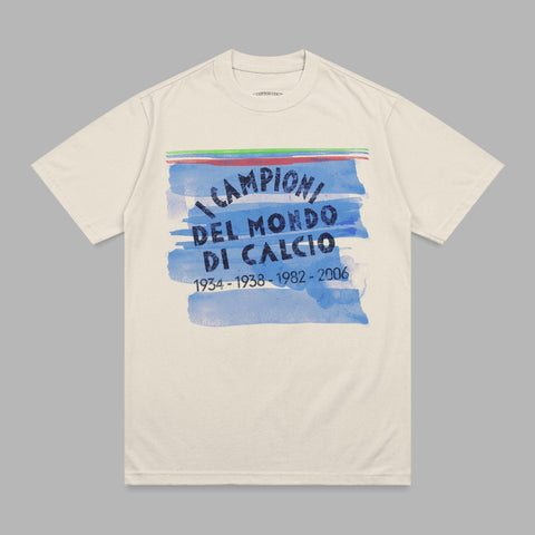 Cream t-shirt with "Campioni del Mondo" text and colorful brushstrokes.