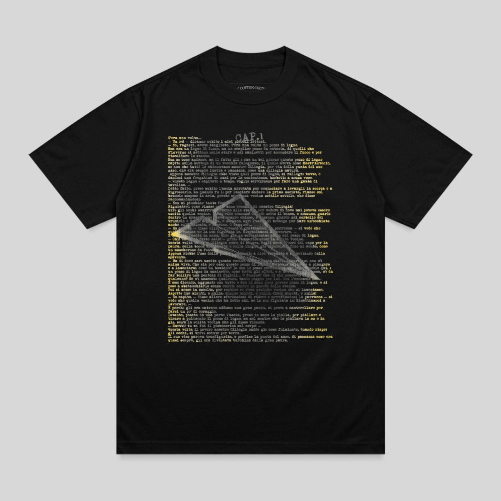 T-shirt with Cotton Co. logo and text from Pinocchio's story.