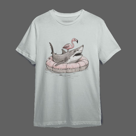 Shark and Flamingo on Inflatable Pool Float T-shirt