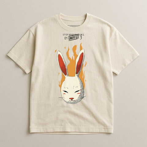 Cream t-shirt with a sketched white rabbit mask with orange ears on fire.