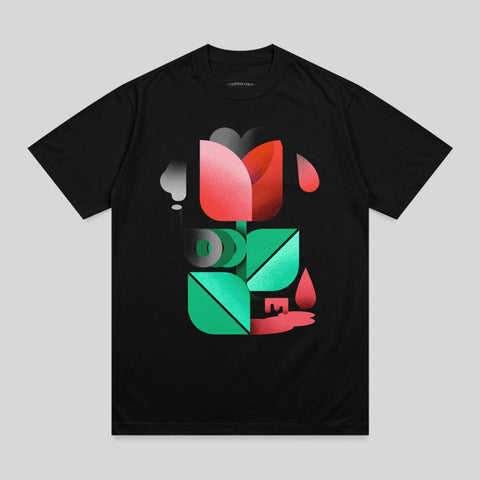 Black t-shirt with abstract red and green floral design.