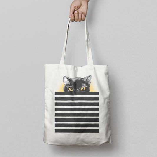 Black Cat Peeking Over Stripes Tote Bag product